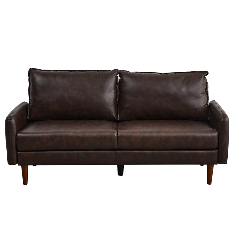 Maklaine Faux Leather Sofa Modern Couch with Wooden Legs in Brown