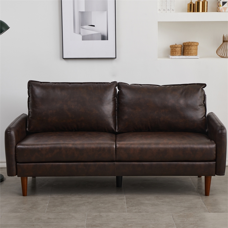 Maklaine Faux Leather Sofa Modern Couch with Wooden Legs in Brown