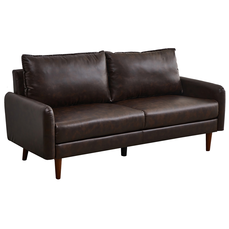 Maklaine Faux Leather Sofa Modern Couch with Wooden Legs in Brown