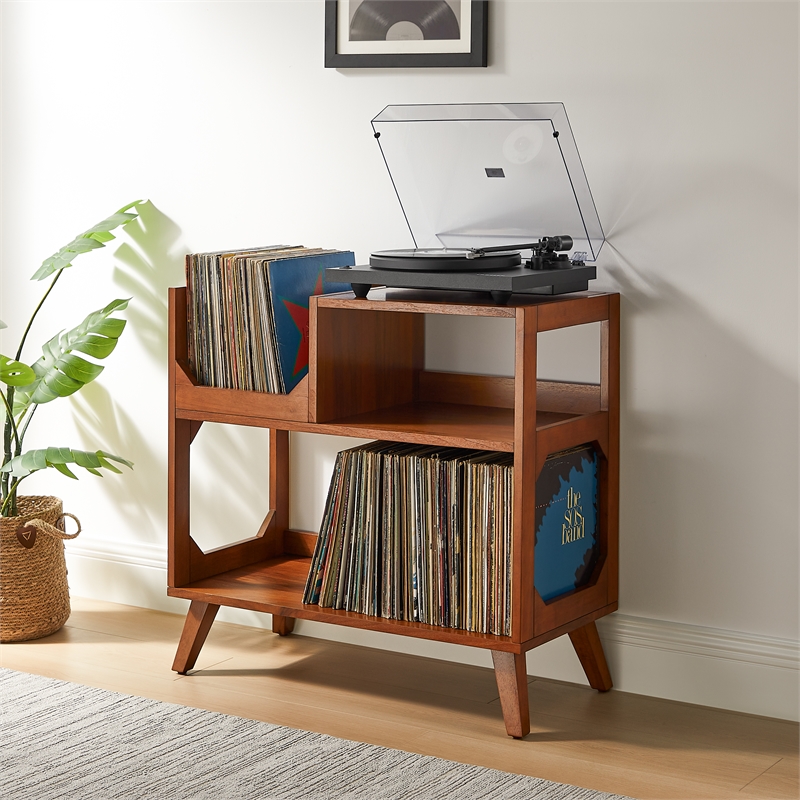 Maklaine Contemporary Wood Medium Record Storage Console Walnut