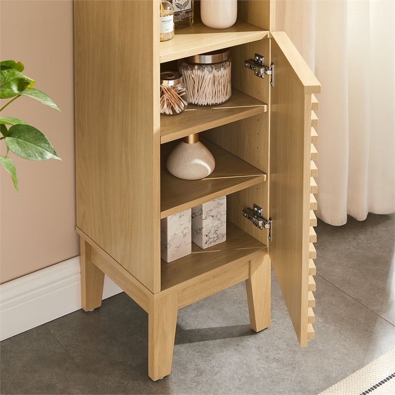 Maklaine Contemporary Tall Narrow Bathroom Storage Cabinet in Oak