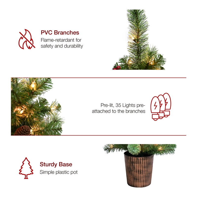 Maklaine Contemporary 2 Piece Plastic 3.5Ft Pre-Lit Green Pot Tree