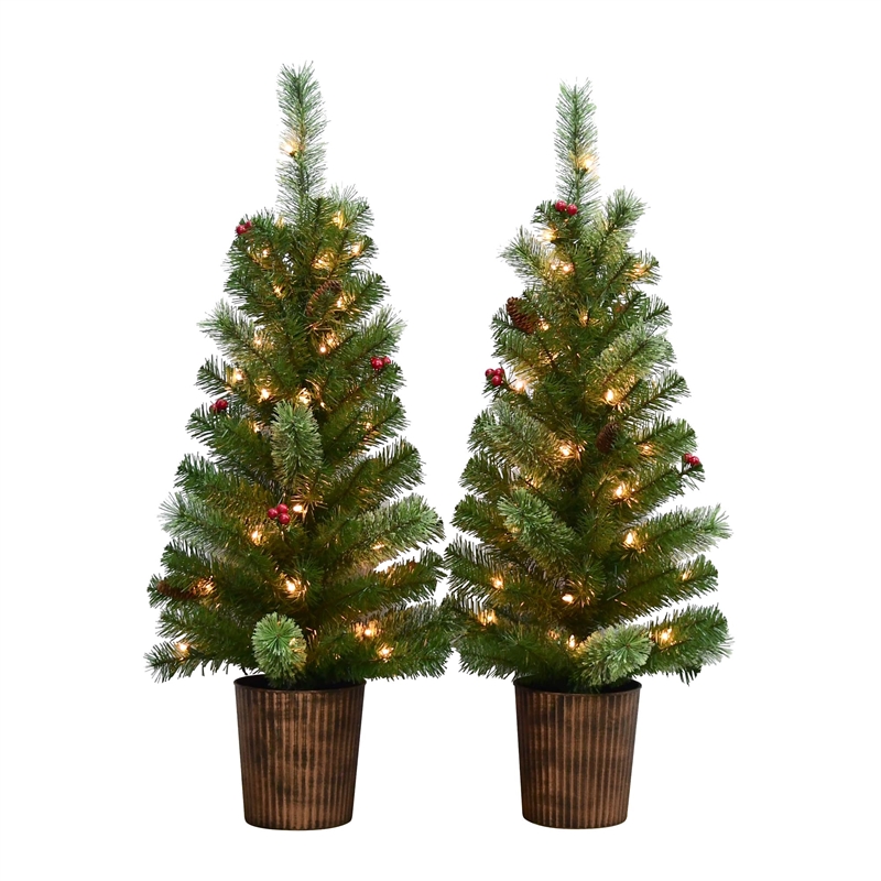 Maklaine Contemporary 2 Piece Plastic 3.5Ft Pre-Lit Green Pot Tree