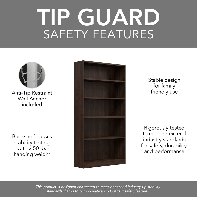 Maklaine Universal Tall 5 Shelf Bookcase in Black Walnut - Engineered Wood