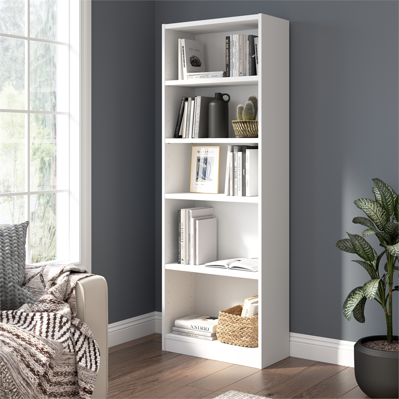 Maklaine Universal 25W Tall 5 Shelf Bookcase in White - Engineered Wood