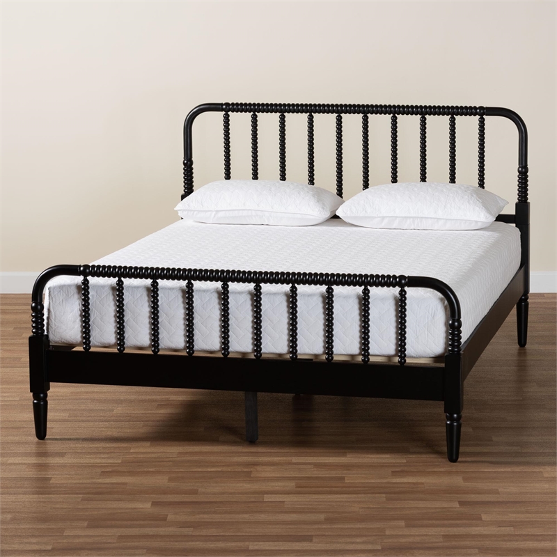Maklaine Rubberwood Black Platform Bed Farmhouse King Size Unassembled
