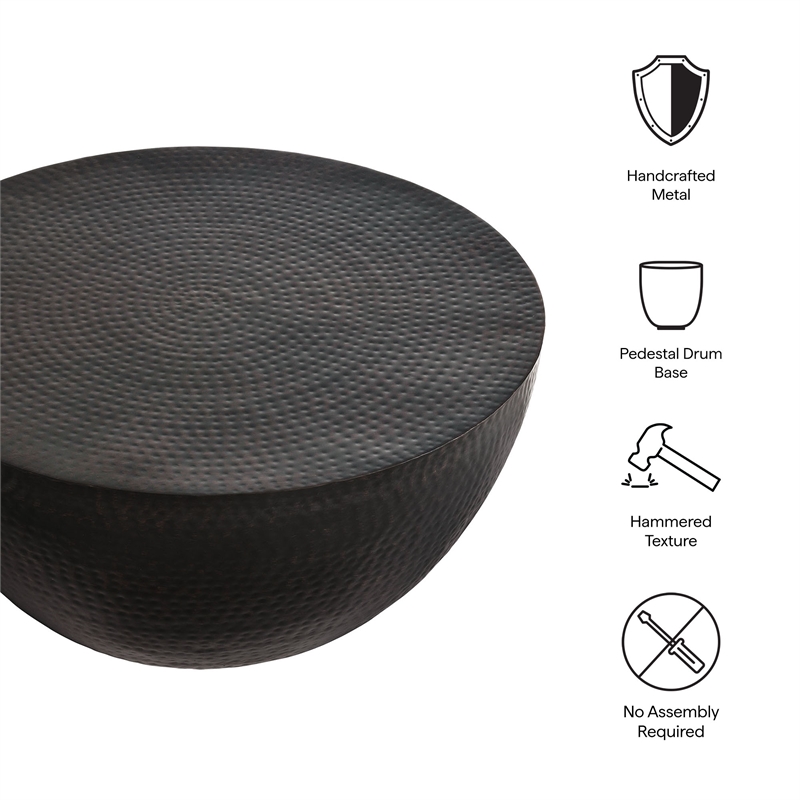 Maklaine Contemporary 32 Inch Metal Hammered Coffee Table in Black