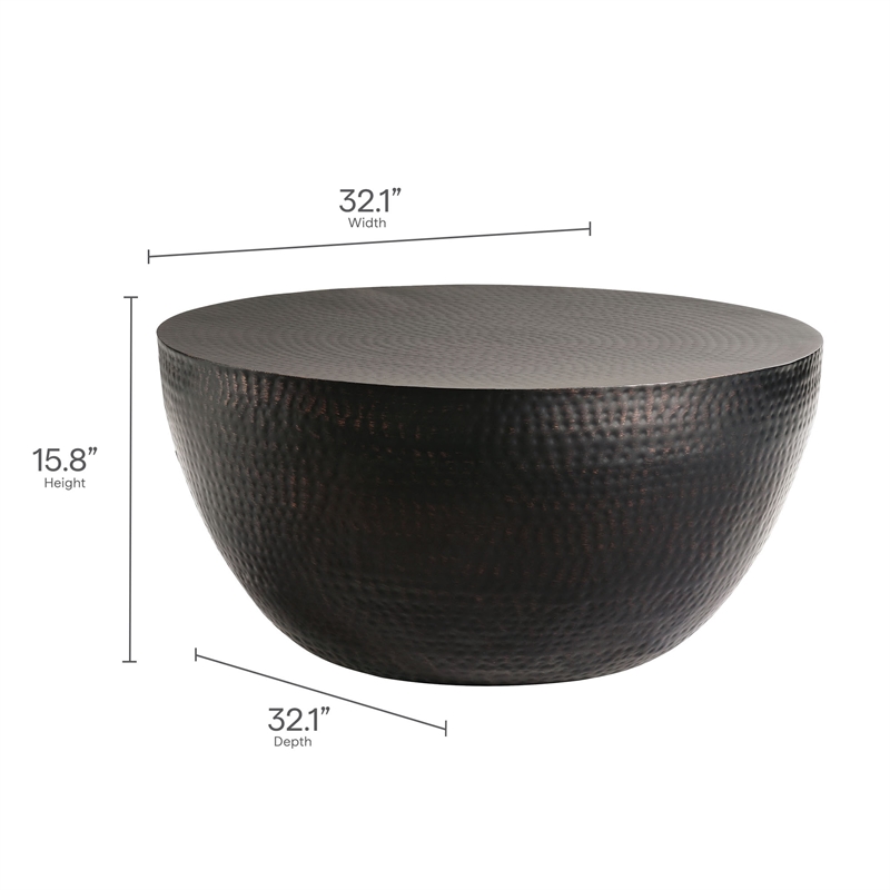 Maklaine Contemporary 32 Inch Metal Hammered Coffee Table in Black
