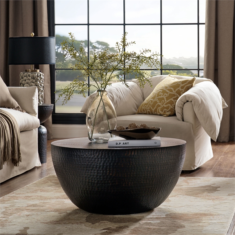 Maklaine Contemporary 32 Inch Metal Hammered Coffee Table in Black