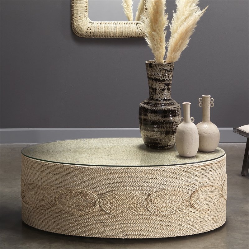 Maklaine Oval Coastal Rattan & Glass Coffee Table in Natural