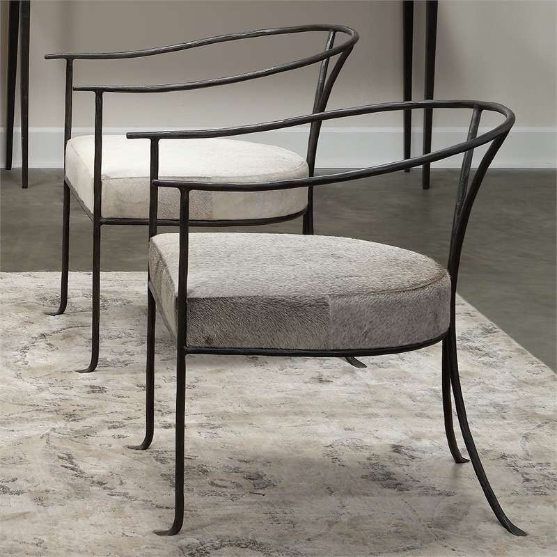 Maklaine Transitional Leather & Iron Chair in Gray/Black Finish
