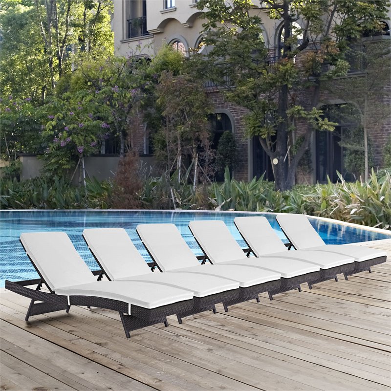 Maklaine Rattan Aluminum Patio Chaise in Espresso/White (Set of 6)