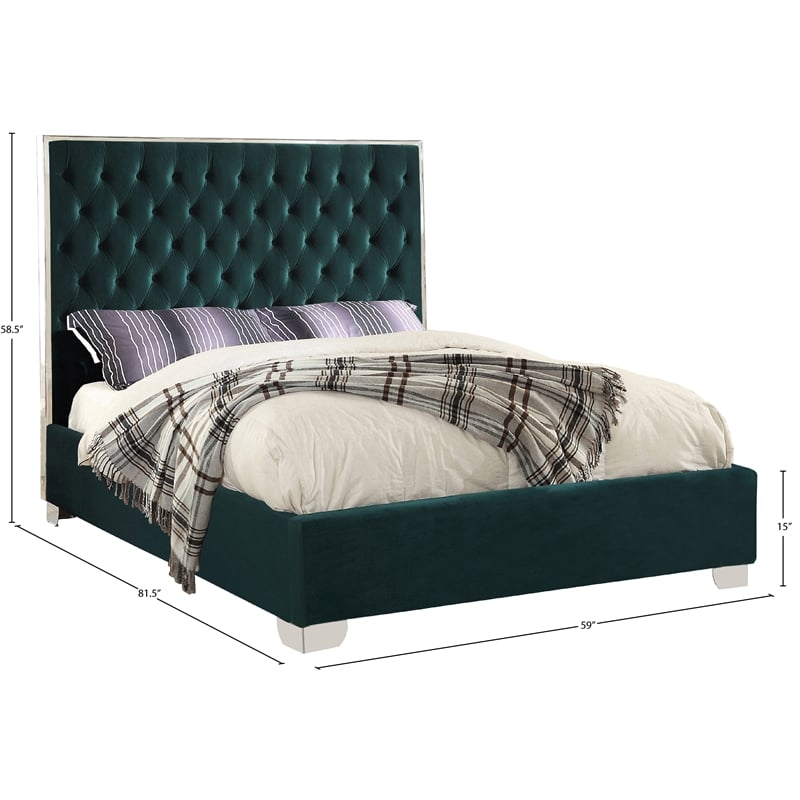 Maklaine Contemporary Solid Wood and Velvet Full Bed in Green