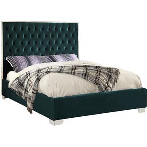 Maklaine Contemporary Solid Wood and Velvet Queen Bed in Green