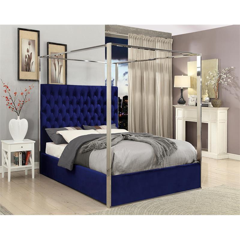 Maklaine Contemporary Deep Detailed Tufted Velvet Queen Bed in Navy