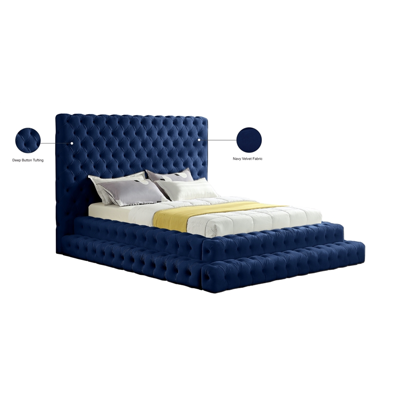 Maklaine Contemporary Deep Detailed Tufted Rich Soft Navy Velvet Queen Bed