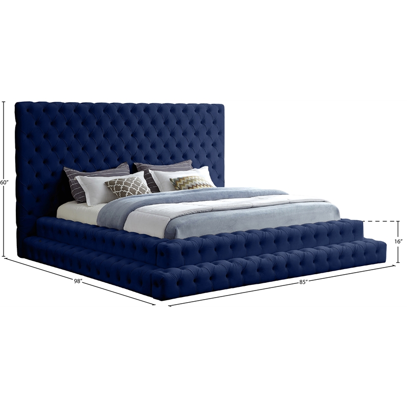 Maklaine Contemporary Deep Detailed Tufted Rich Soft Navy Velvet Queen Bed