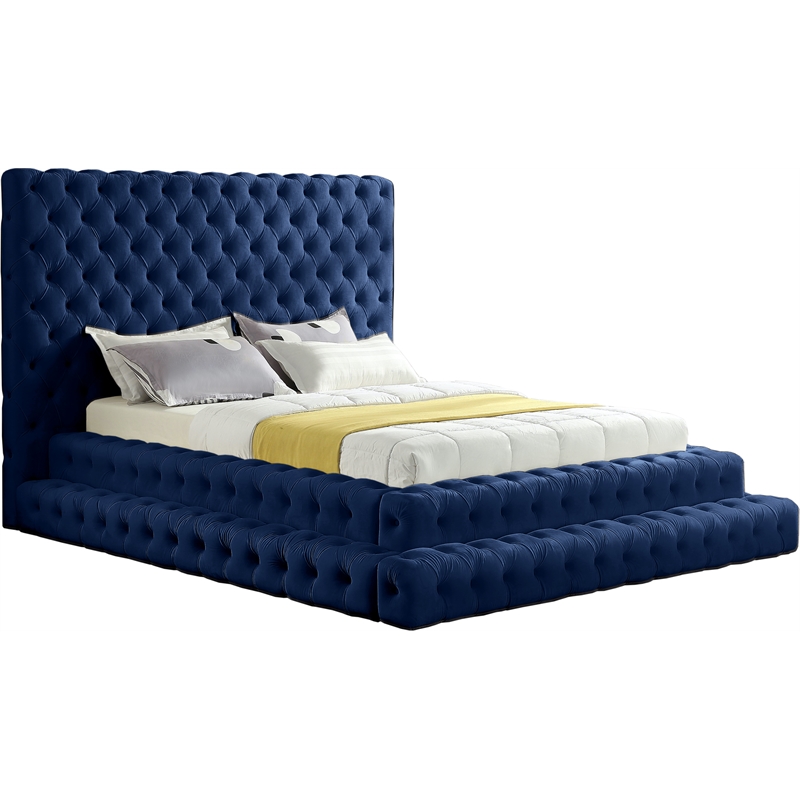 Maklaine Contemporary Deep Detailed Tufted Rich Soft Navy Velvet Queen Bed