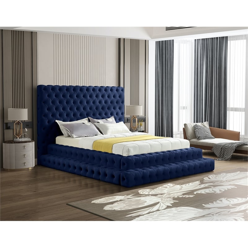 Maklaine Contemporary Deep Detailed Tufted Rich Soft Navy Velvet Queen Bed