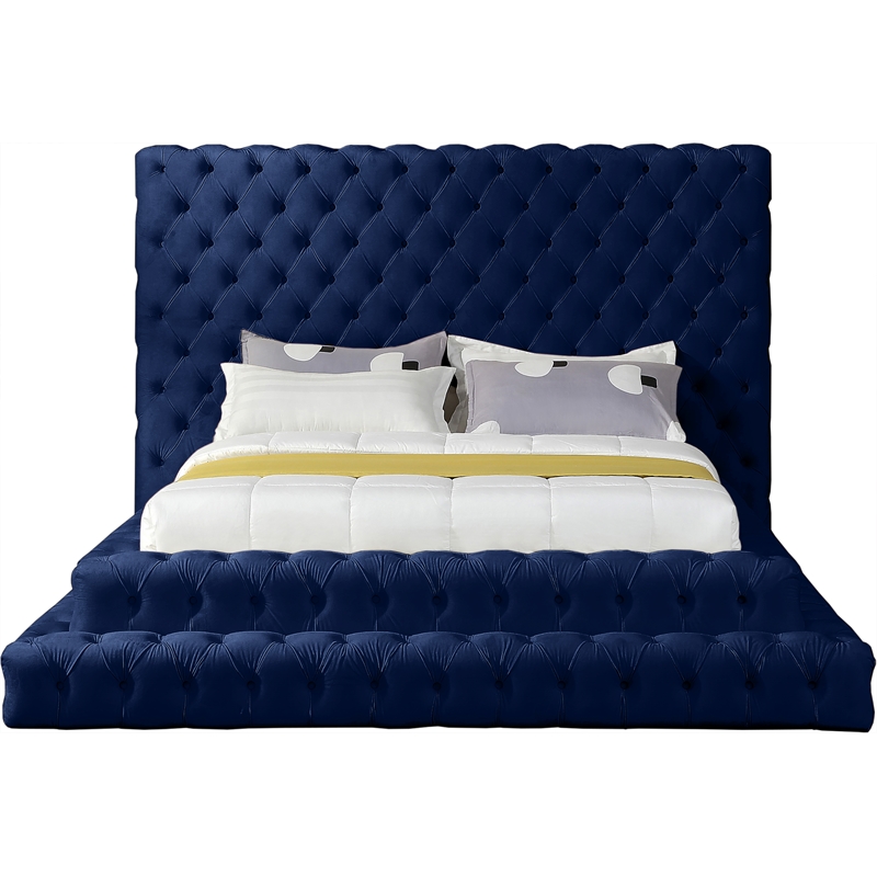 Maklaine Contemporary Deep Detailed Tufted Rich Soft Navy Velvet Queen Bed