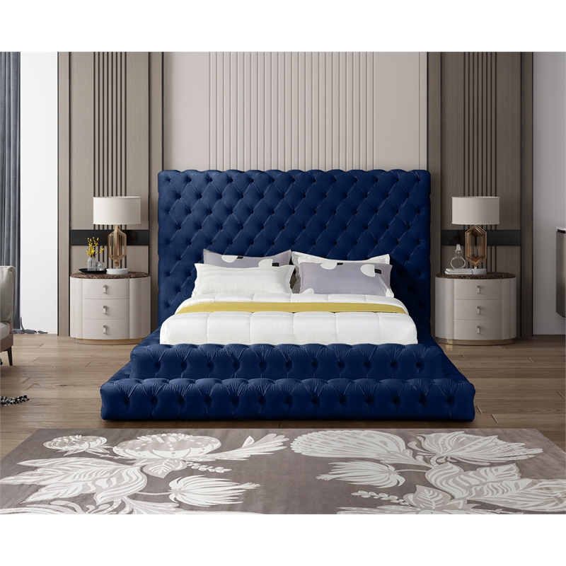 Maklaine Contemporary Deep Detailed Tufted Rich Soft Navy Velvet Queen Bed