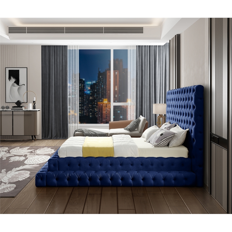 Maklaine Contemporary Deep Detailed Tufted Rich Soft Navy Velvet Queen Bed
