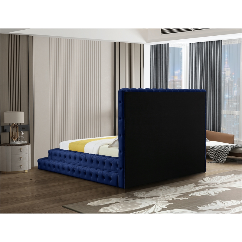 Maklaine Contemporary Deep Detailed Tufted Rich Soft Navy Velvet Queen Bed
