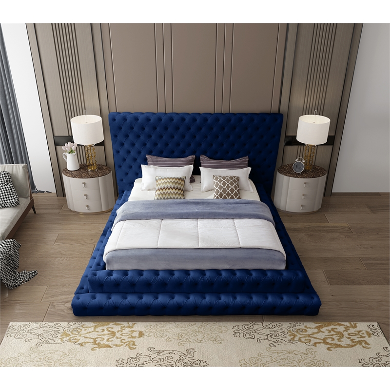 Maklaine Contemporary Deep Detailed Tufted Rich Soft Navy Velvet Queen Bed