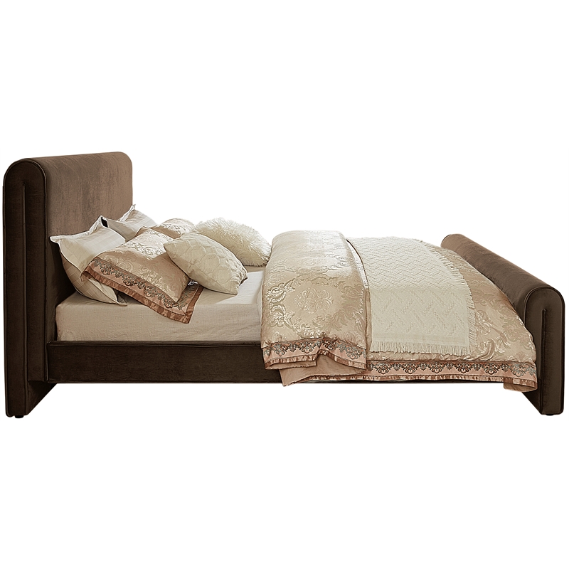 Maklaine Rich Soft Brown Velvet Full Bed with Curved Headboard and Footboard