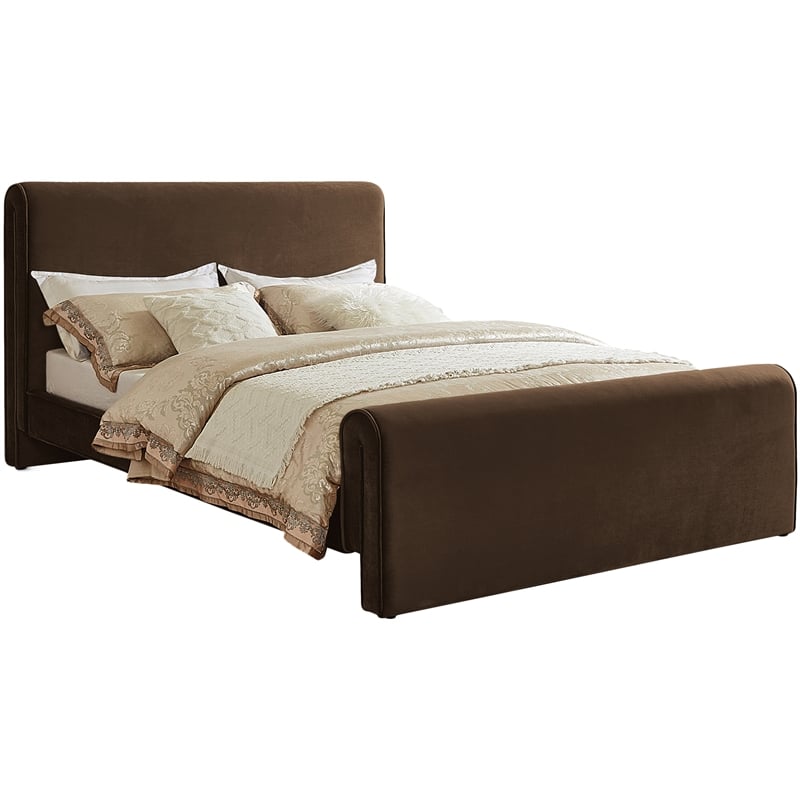 Maklaine Rich Soft Brown Velvet Full Bed with Curved Headboard and Footboard