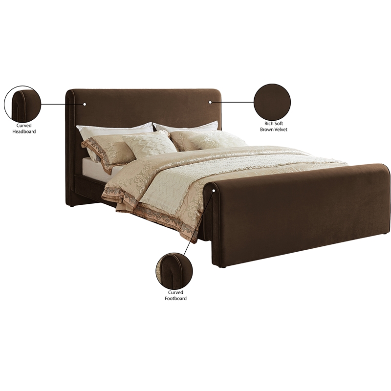 Maklaine Rich Soft Brown Velvet Full Bed with Curved Headboard and Footboard