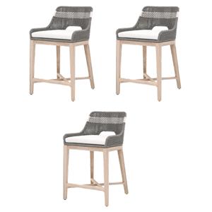 Maklaine Set of 3 Transitional Woven 26&quot Wood Outdoor Counter Stool in Gray