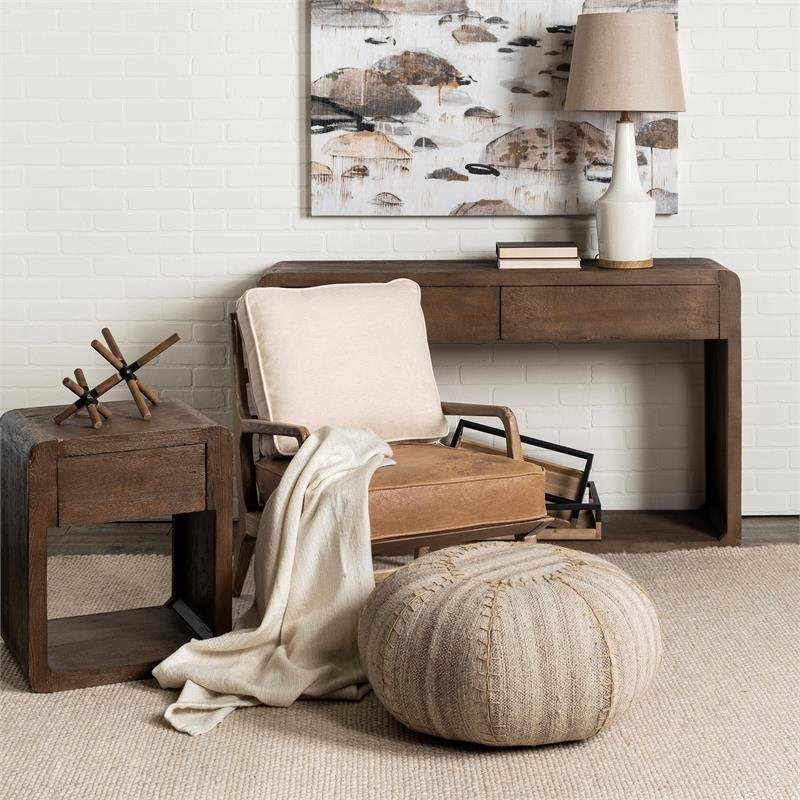 Maklaine Contemporary Cream Fabric and Brown Leather Seat Accent Chair