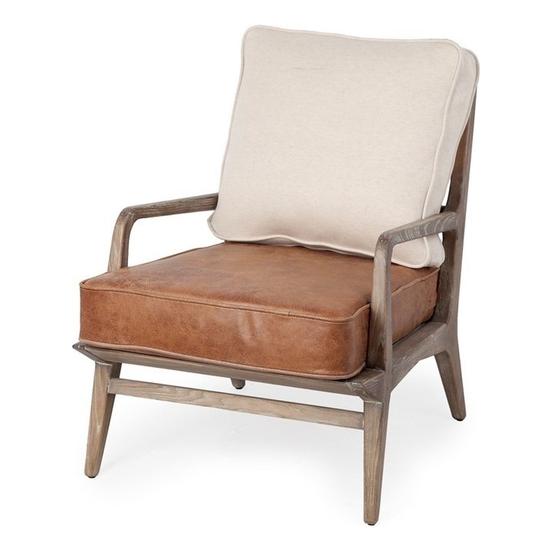 Maklaine Contemporary Cream Fabric and Brown Leather Seat Accent Chair