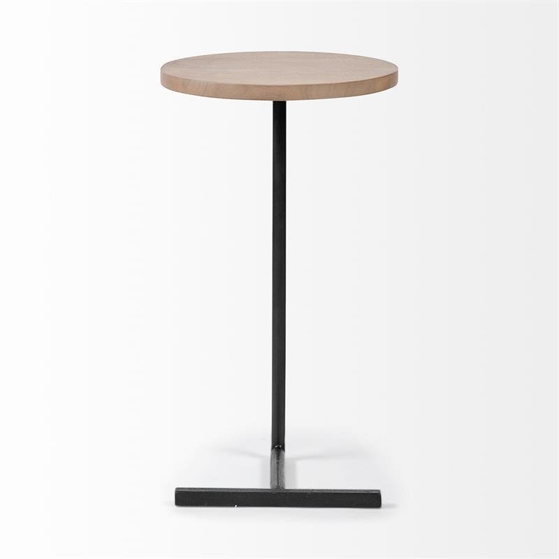 Maklaine Contemporary 15x27 Round Top Brown Wood & Black Iron Base Accent Table