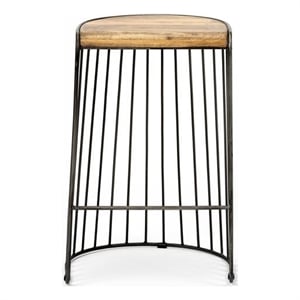 Maklaine Contemporary 26.5&quot Seat Height Brown Wood Seat Black Metal Frame Stool