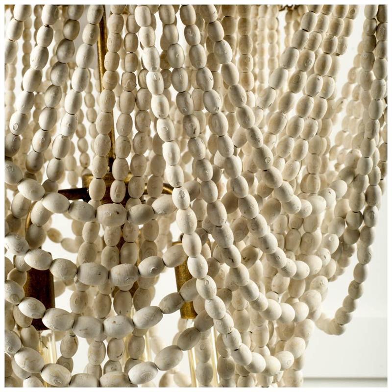 Maklaine Coastal 26x23 Gold Metal White washed Wooden Bead Three Bulb Chandelier