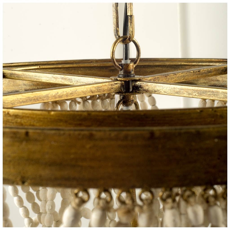 Maklaine Coastal 26x23 Gold Metal White washed Wooden Bead Three Bulb Chandelier