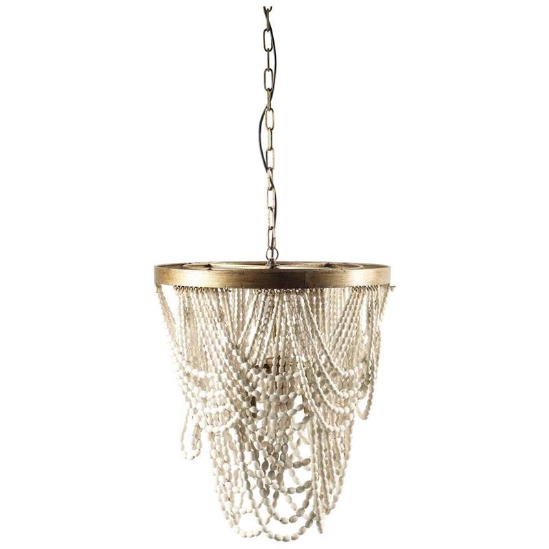 Maklaine Coastal 26x23 Gold Metal White washed Wooden Bead Three Bulb Chandelier