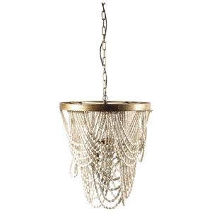 Maklaine Coastal 26x23 Gold Metal White washed Wooden Bead Three Bulb Chandelier