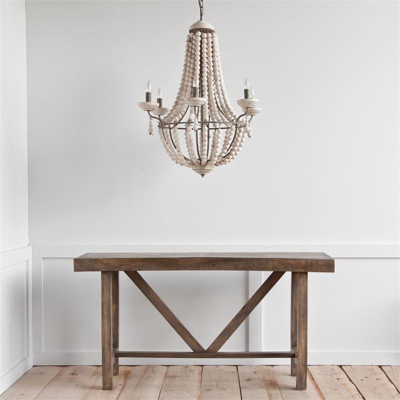 Maklaine Silver Metal Chassis & White Wood Beaded Six Bulb Chandelier