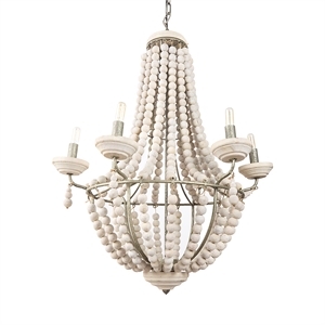 Maklaine Silver Metal Chassis & White Wood Beaded Six Bulb Chandelier