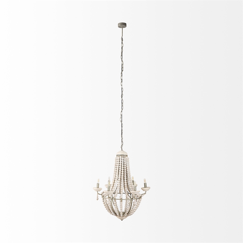 Maklaine Silver Metal Chassis & White Wood Beaded Six Bulb Chandelier