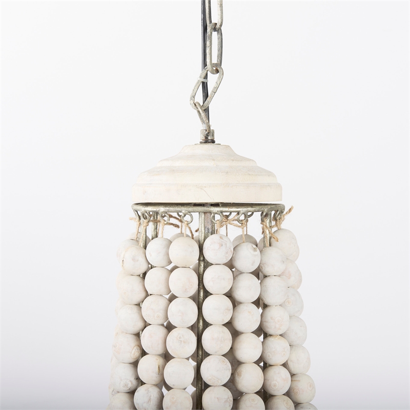 Maklaine Silver Metal Chassis & White Wood Beaded Six Bulb Chandelier