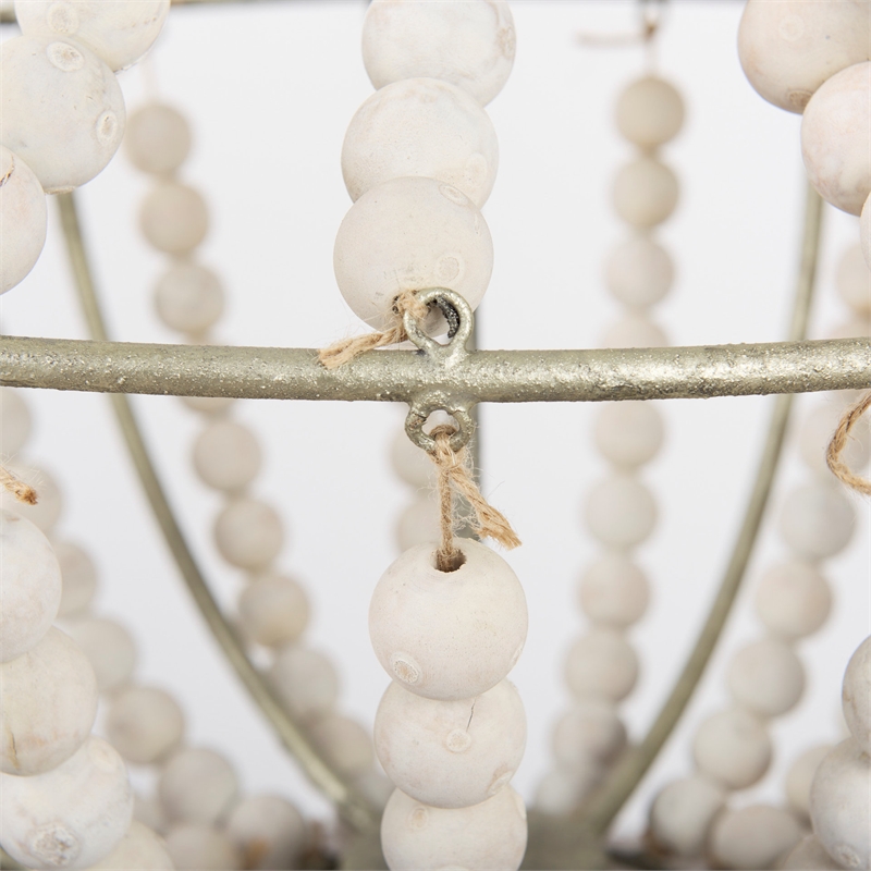 Maklaine Silver Metal Chassis & White Wood Beaded Six Bulb Chandelier