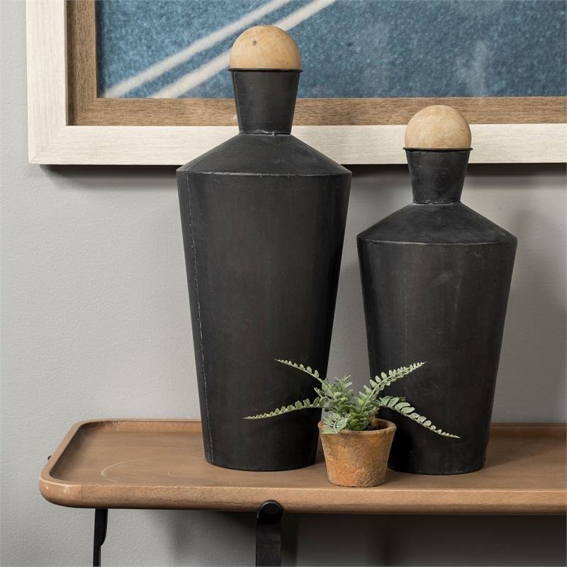 Maklaine Modern / Contemporary (Set of 2) Metal Urns in Black
