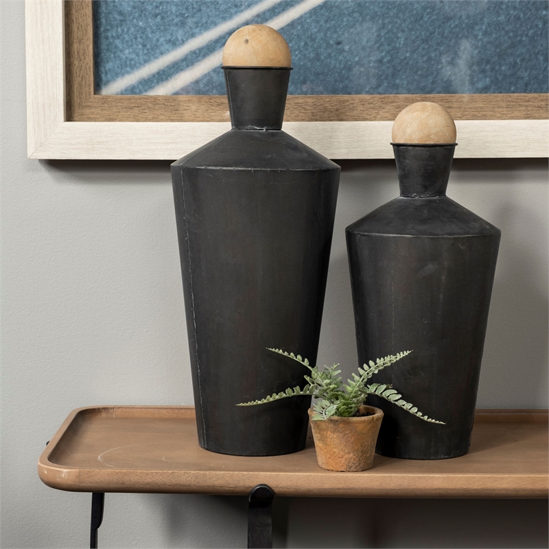 Maklaine Modern / Contemporary (Set of 2) Metal Urns in Black
