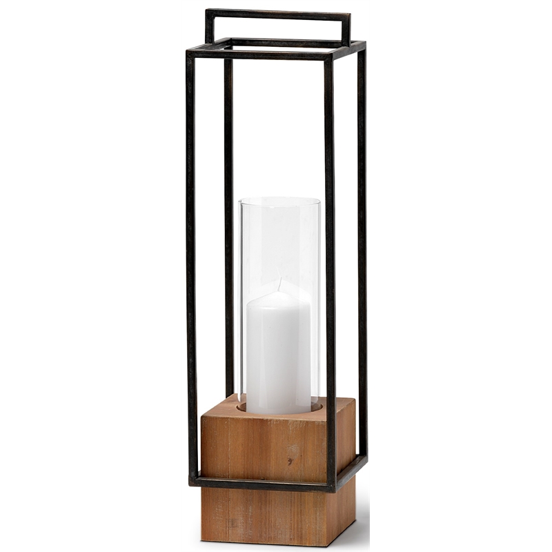 Maklaine Farmhouse Large Black Metal/Wood Candle Holder Lantern