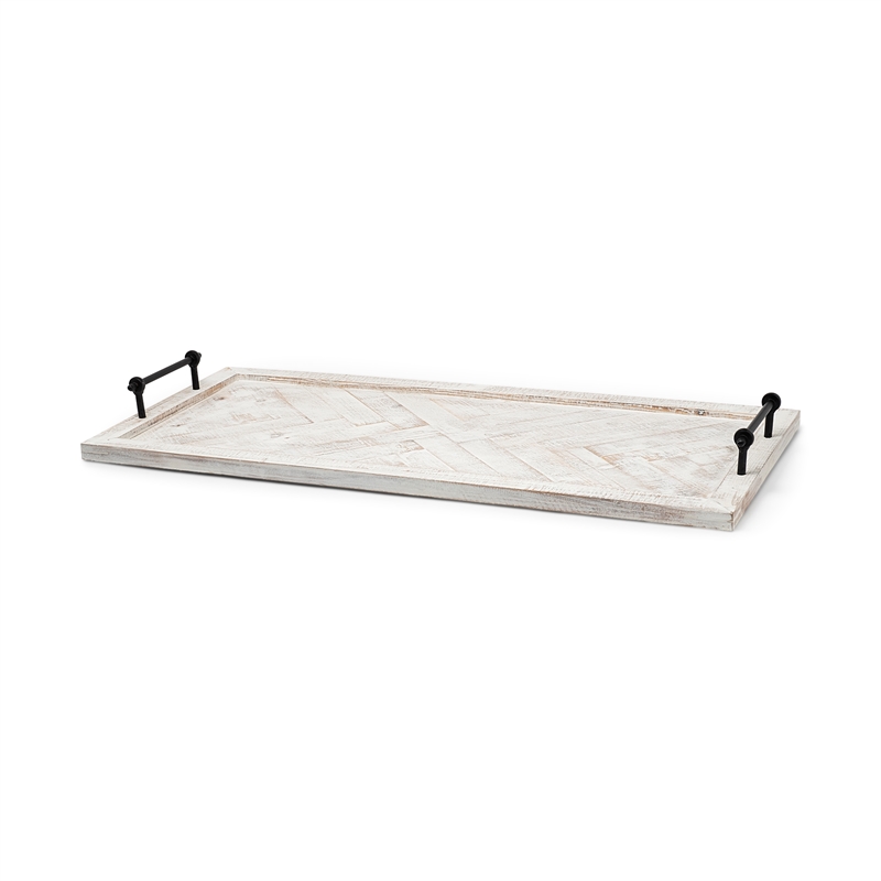 Maklaine Farmhouse Whitewashed Wooden Herringbone Rectangular Tray