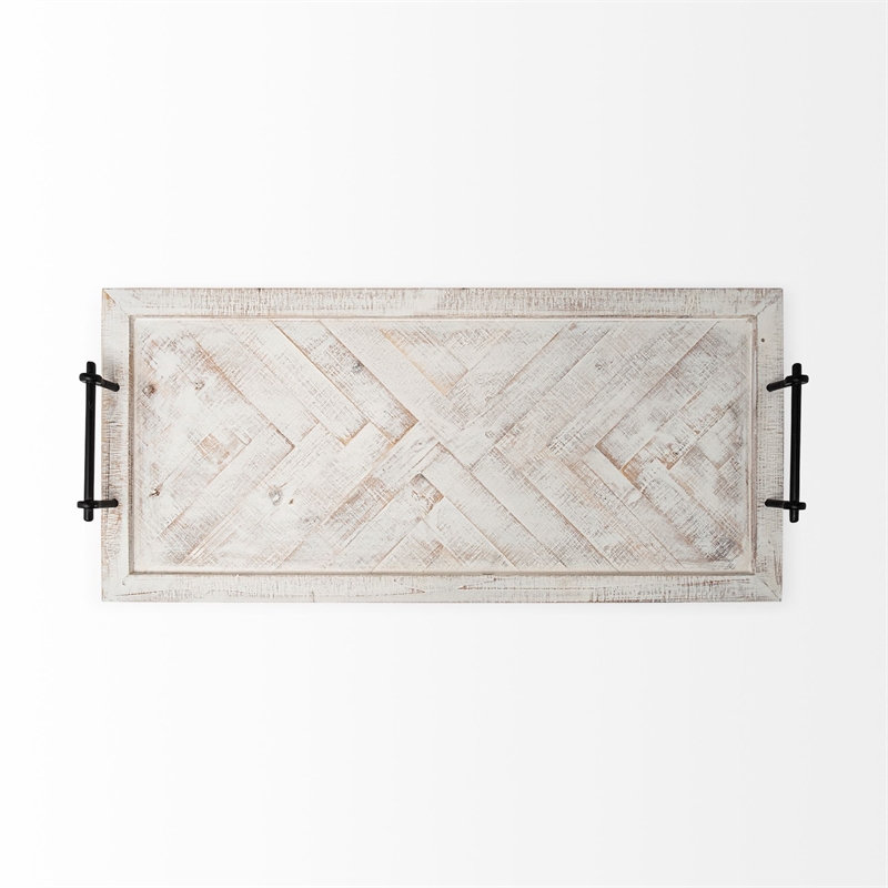 Maklaine Farmhouse Whitewashed Wooden Herringbone Rectangular Tray